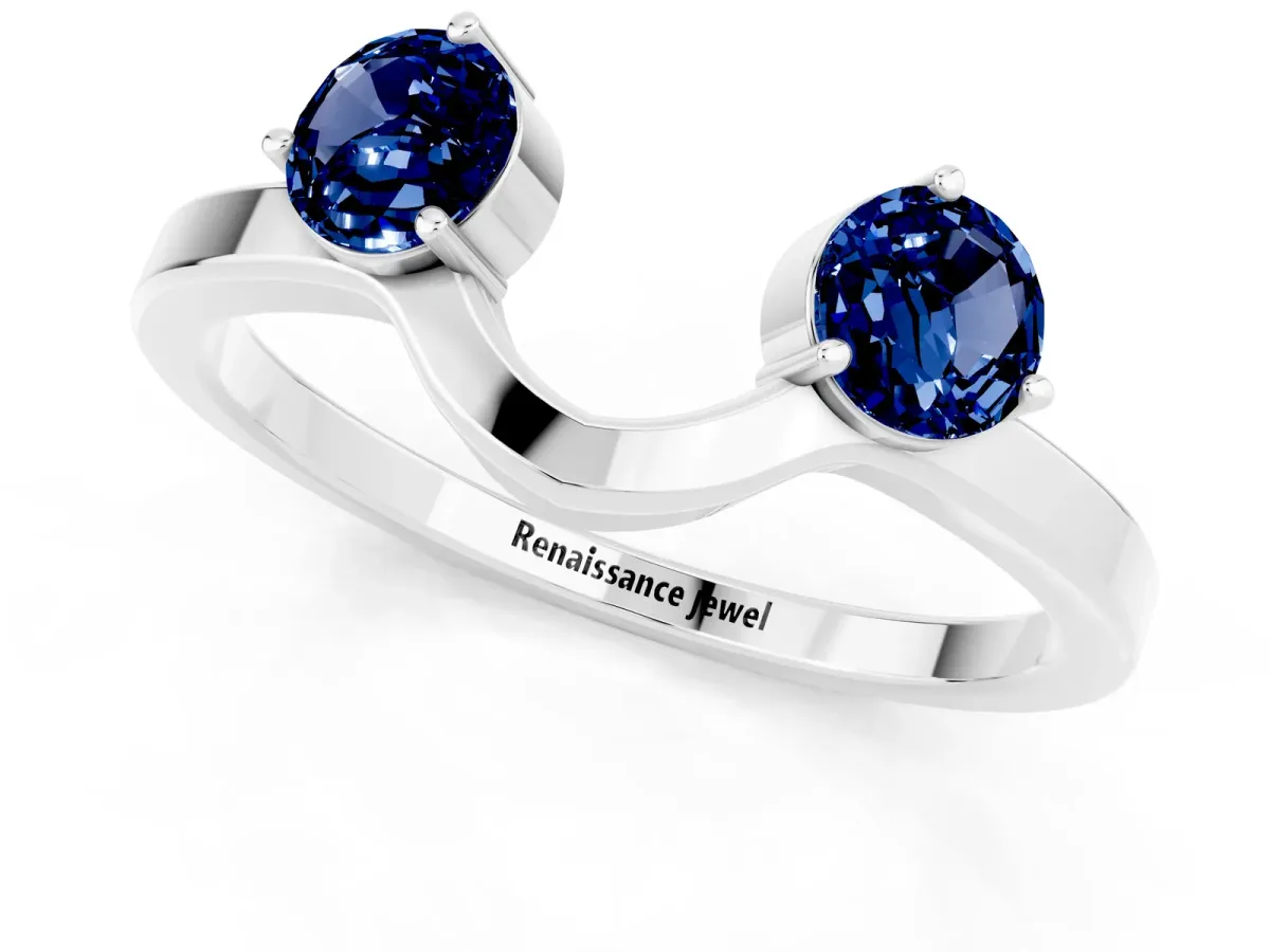 Dual Round Blue Sapphire Open Band Ring with Prong Setting Silver