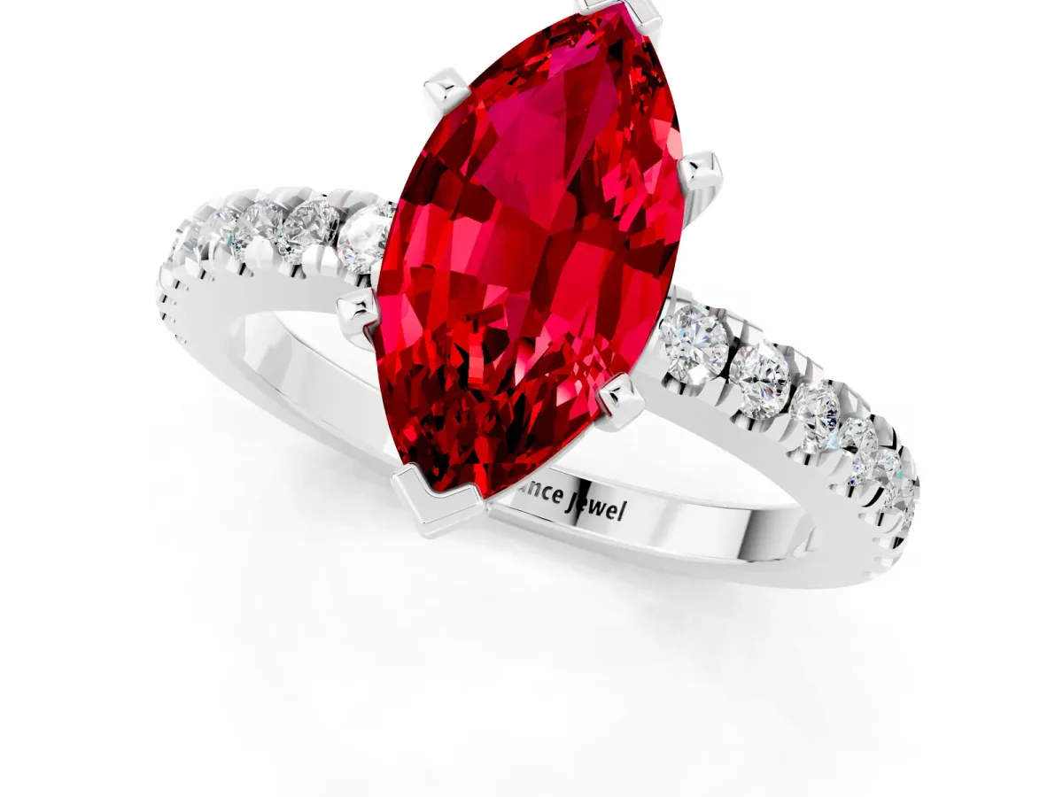 Marquise Cut Solitaire Ruby with Pavé Band and Four-Prong Setting Platinum
