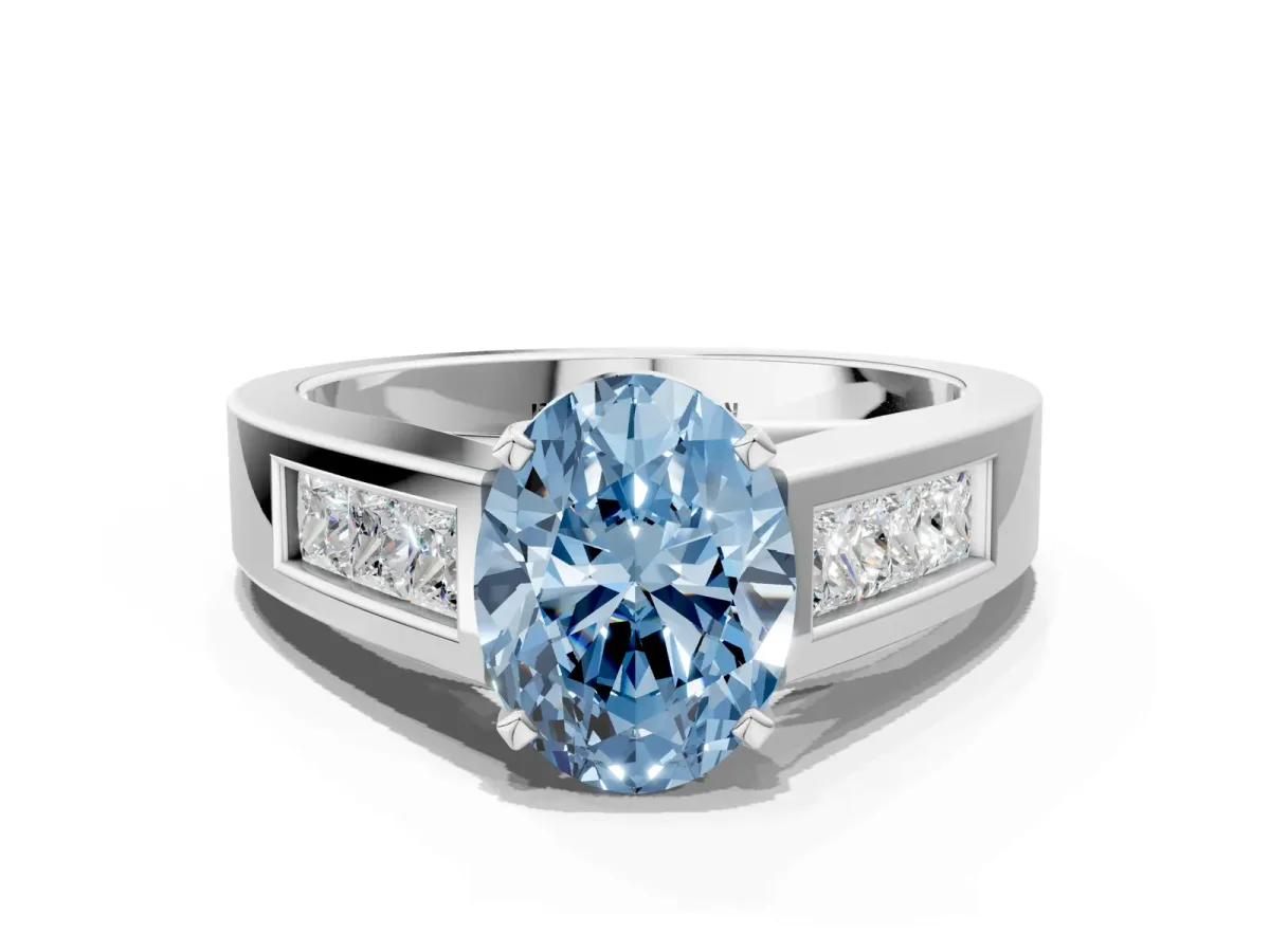 Fancy Blue Oval Cut Cut Channel Set Solitaire Ring with Four-Prong Setting Silver