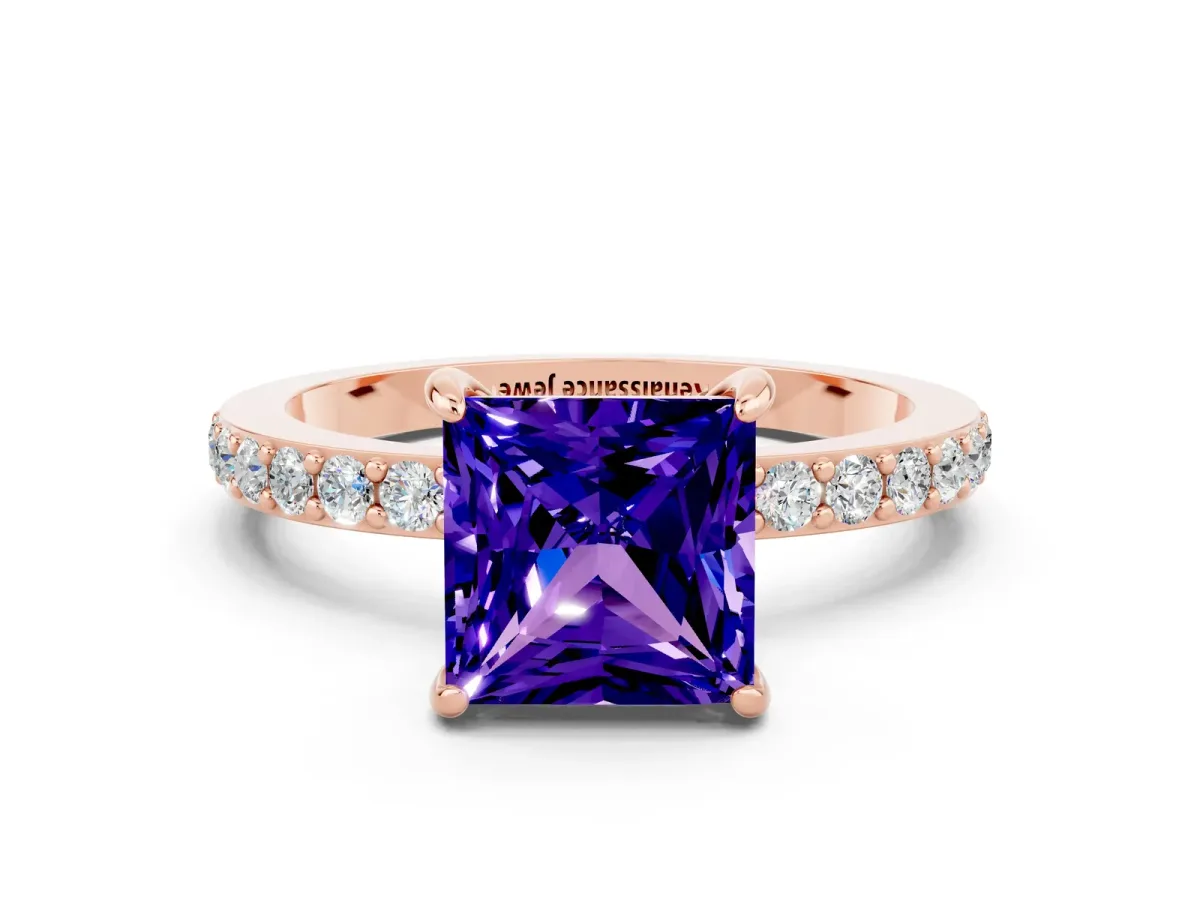 Princess Cut Tanzanite Solitaire Engagement Ring with Pavé Band and Four-Prong Setting Rose gold