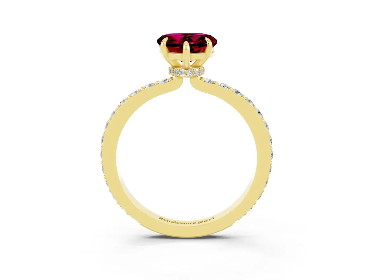 Heart Cut Garnet Solitaire Engagement Ring with Pavé Band and Four-Prong Setting Yellow gold