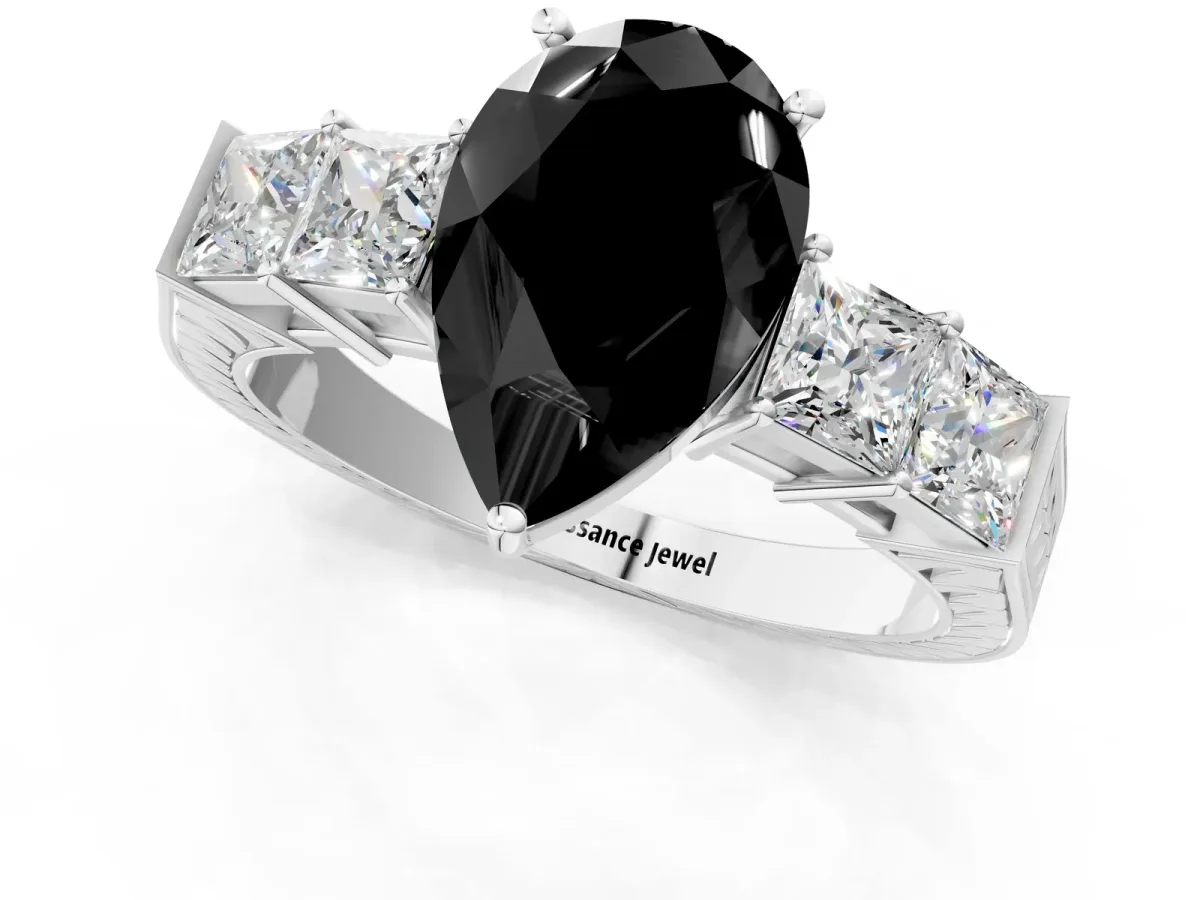 Fancy Black Pear Cut Solitaire Princess Side Stone Engraved Band Prong Setting Ring Silver