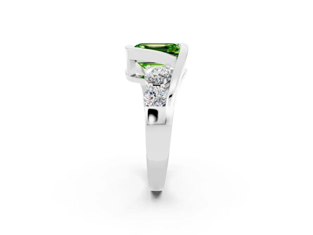 Bezel Set Emerald Cut Peridot Bypass Ring with Round Accents Silver