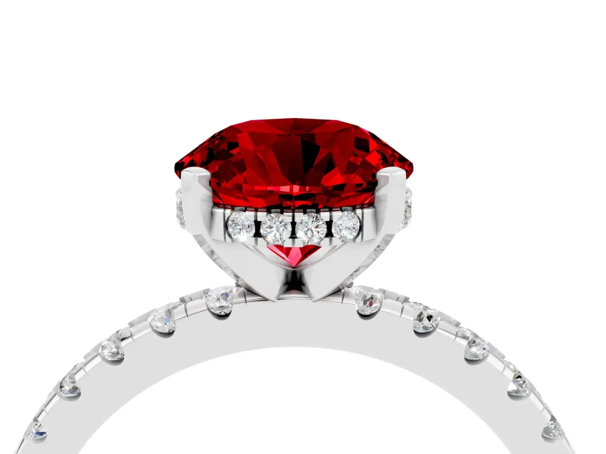 Round Cut Ruby Solitaire Ring with Round Pavé Band and Four-Prong Setting White gold