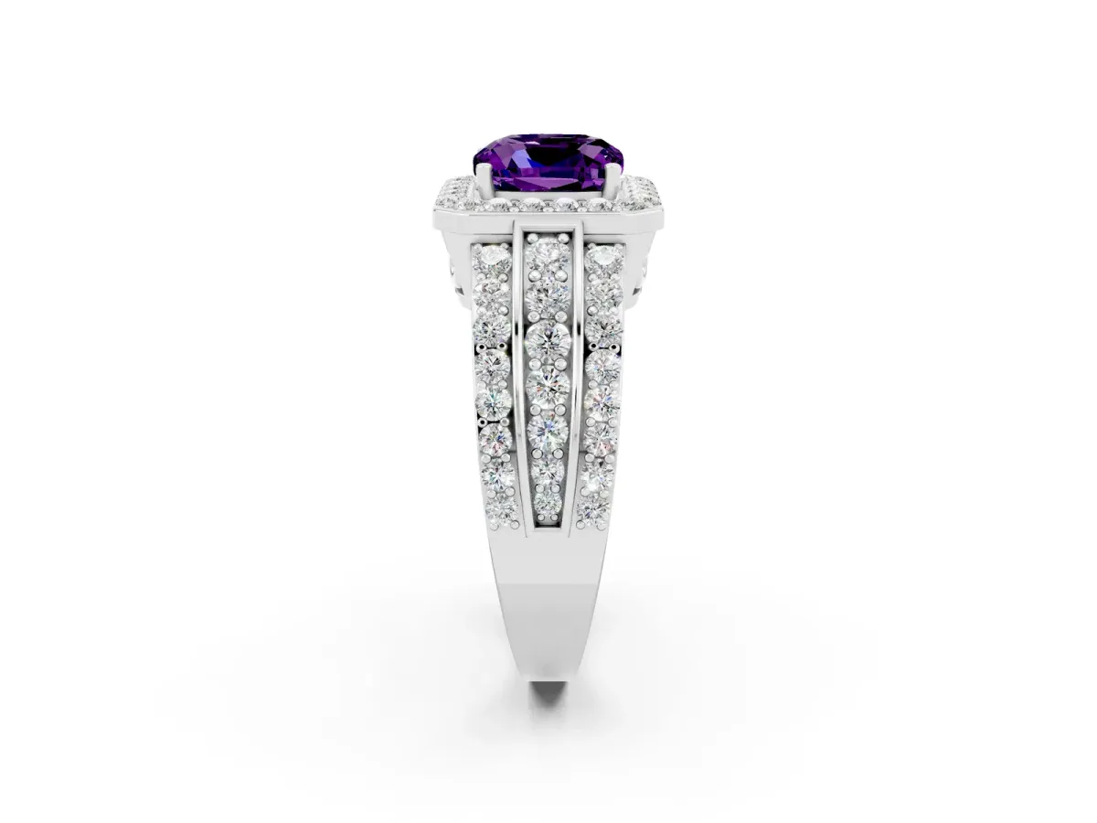 Cushion Cut Halo Amethyst Ring with Round Split Shank and Prong Setting Silver