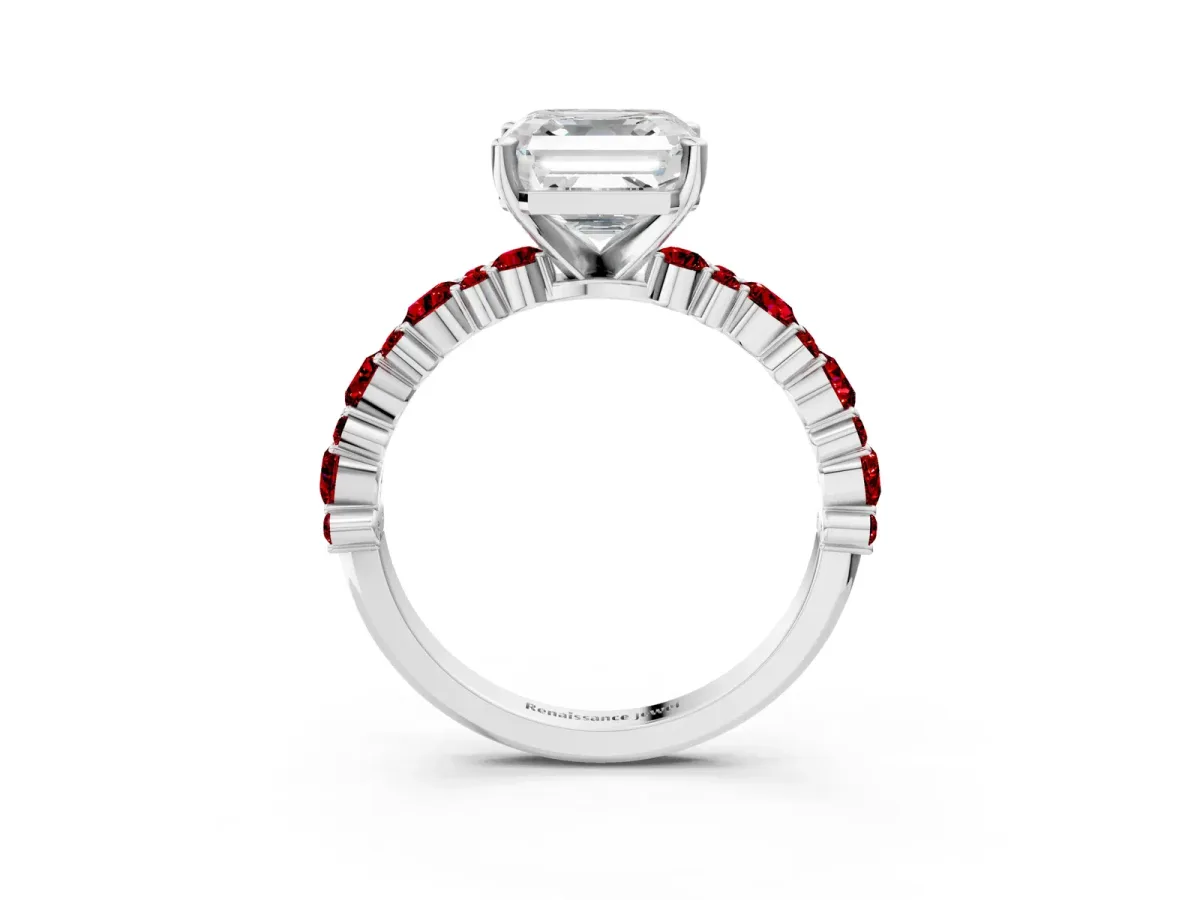 Asscher Cut Diamond Side Stone Solitaire Ring with Round Ruby and Four-Prong Setting Platinum