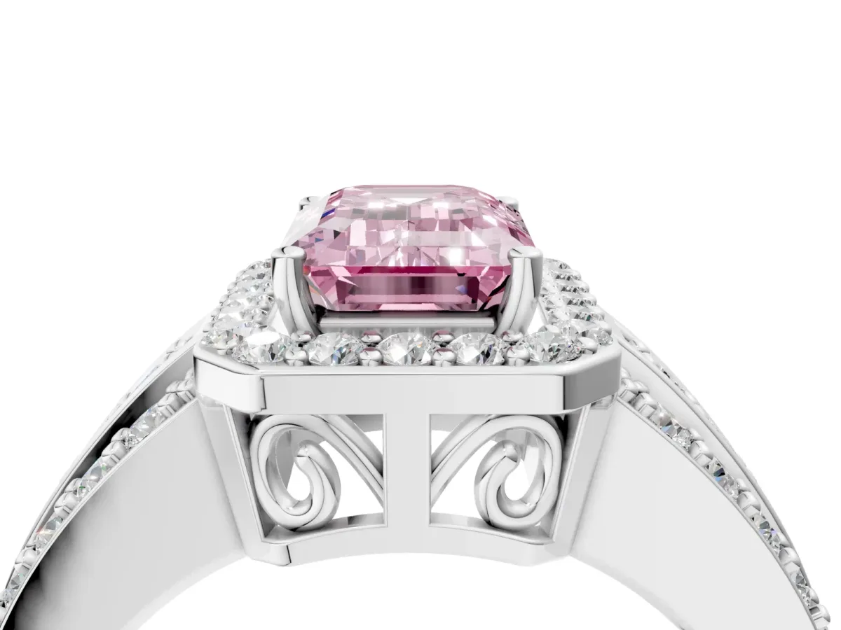 Fancy Pink Emerald Cut Halo Diamond Ring with Round Split Shank and Prong Setting White gold