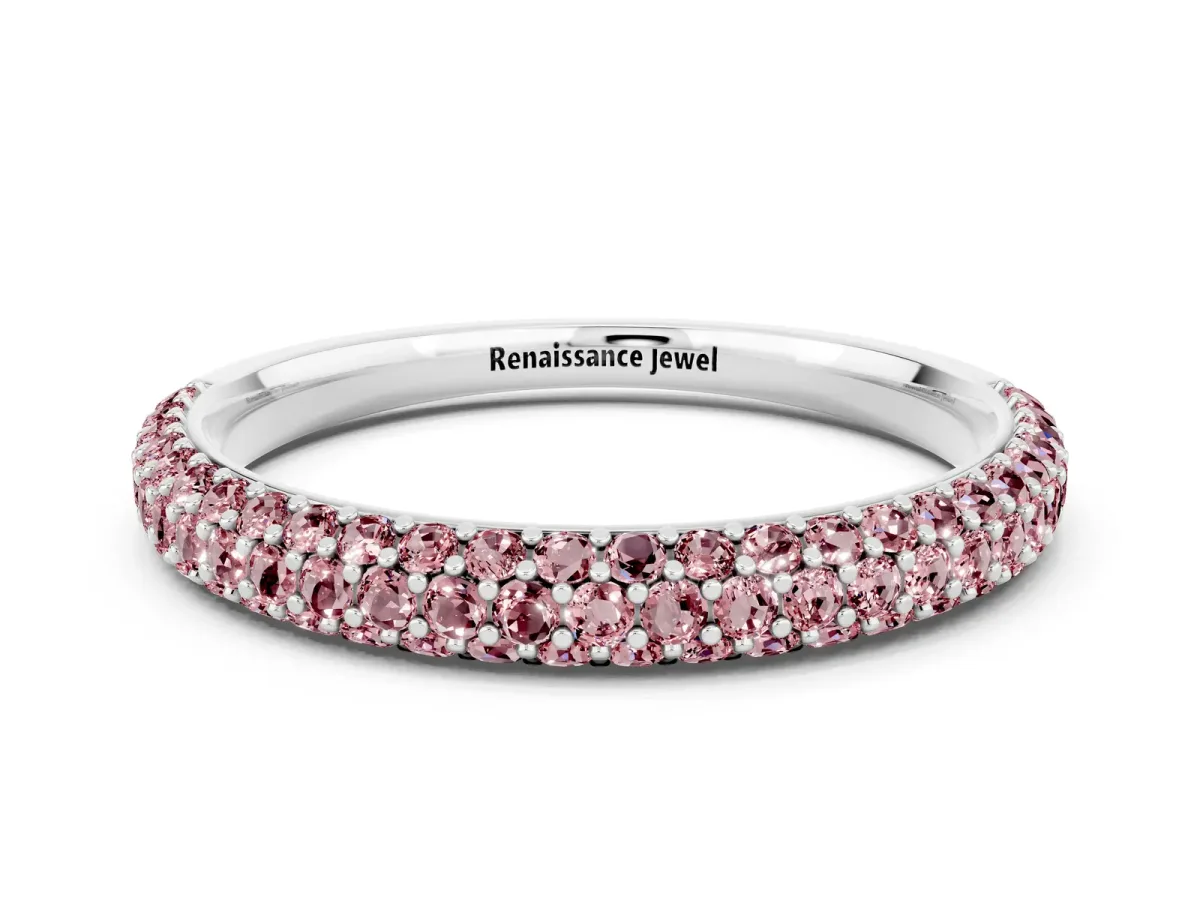 Round Morganite Pavé Eternity Band with Shared Prong Setting Silver