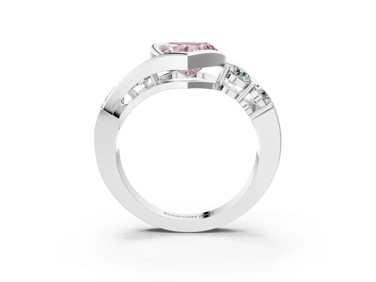 Fancy Pink Bezel Set Heart Cut Diamond Bypass Ring with Round Accents Platinum