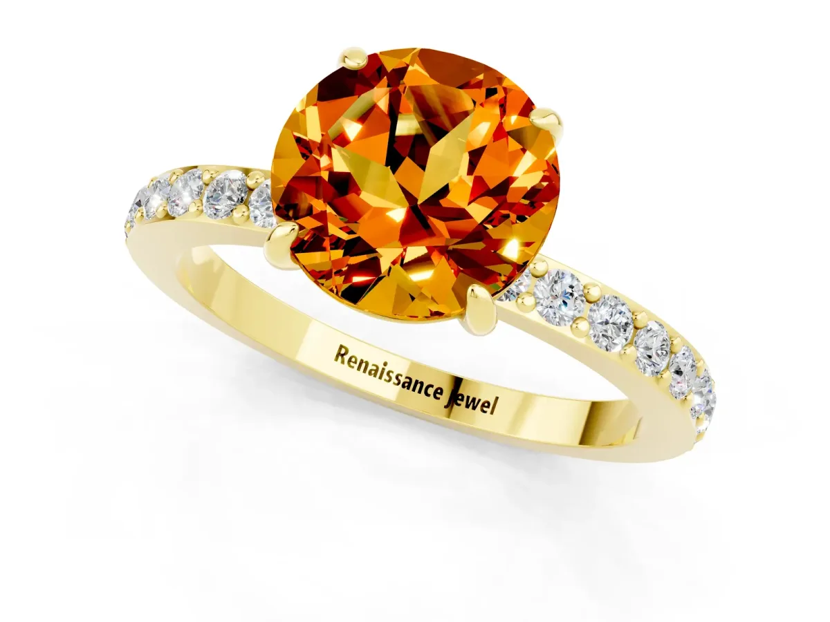 Round Cut Citrine Solitaire Engagement Ring with Pavé Band and Four-Prong Setting Yellow gold