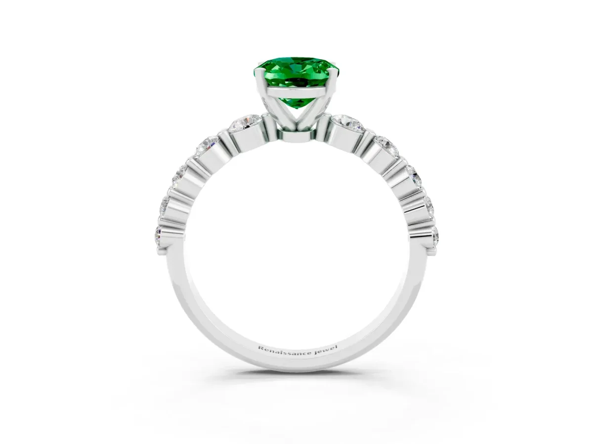 Oval Cut Solitaire Emerald Ring with Pave Band and Four-Prong Setting Platinum