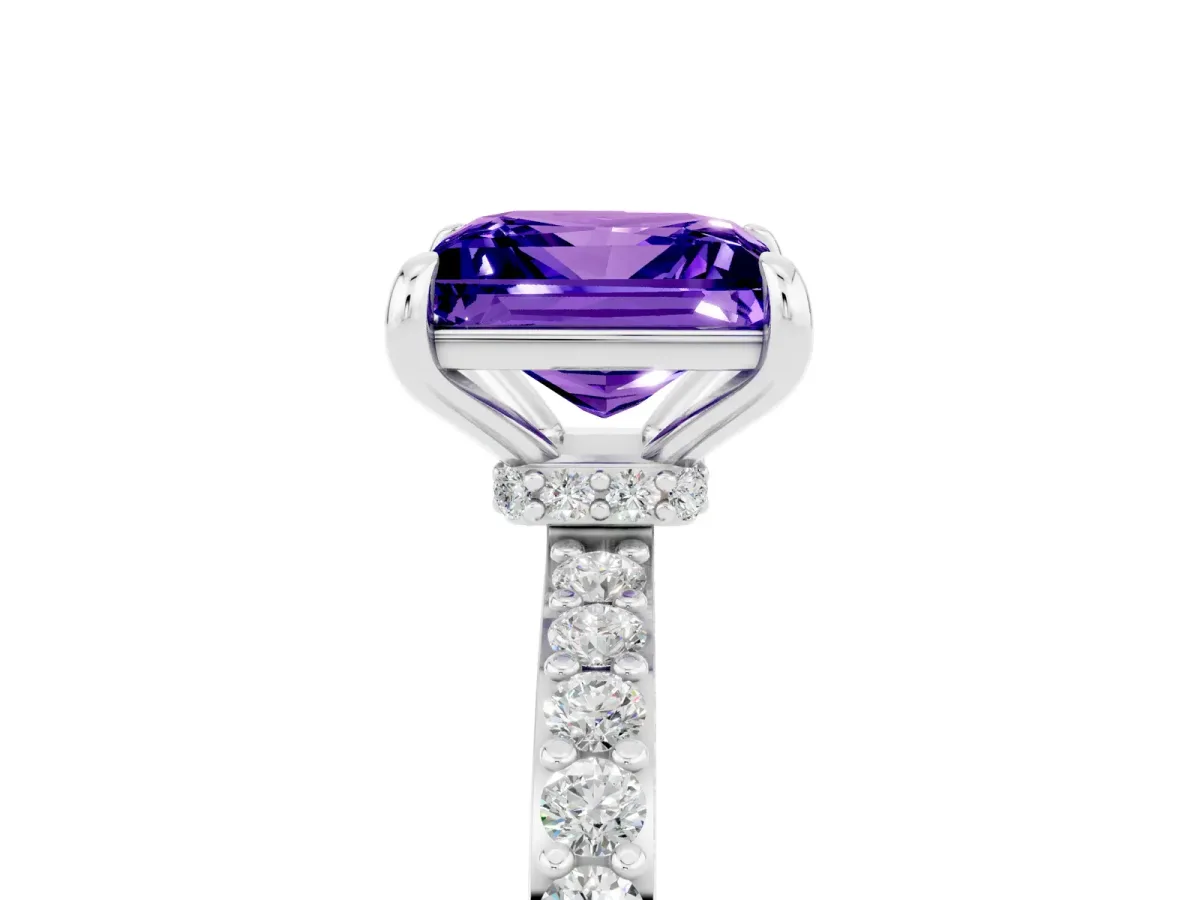 Princess Cut Tanzanite Solitaire Engagement Ring with Pavé Band and Four-Prong Setting White gold