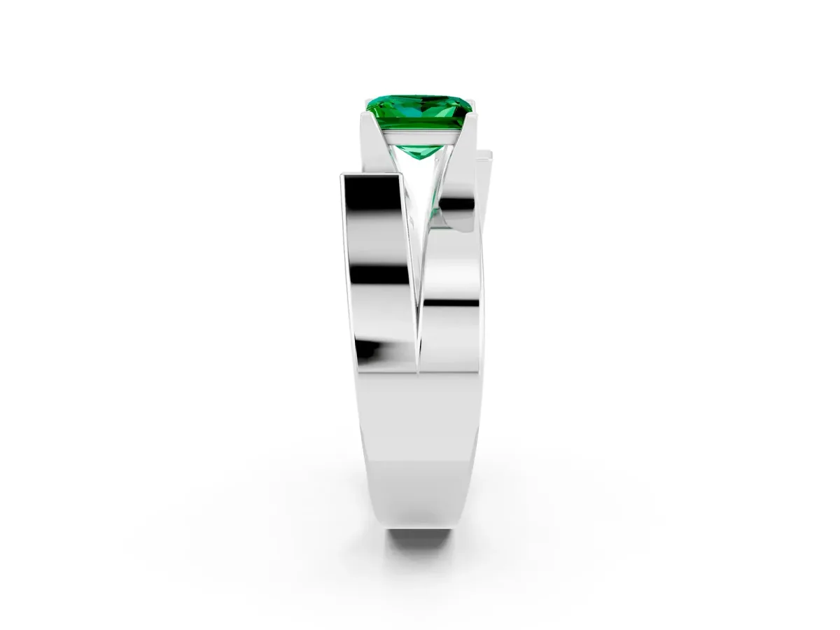 Modern Tension Set Princess Cut Emerald Solitaire Wide Band Ring Silver