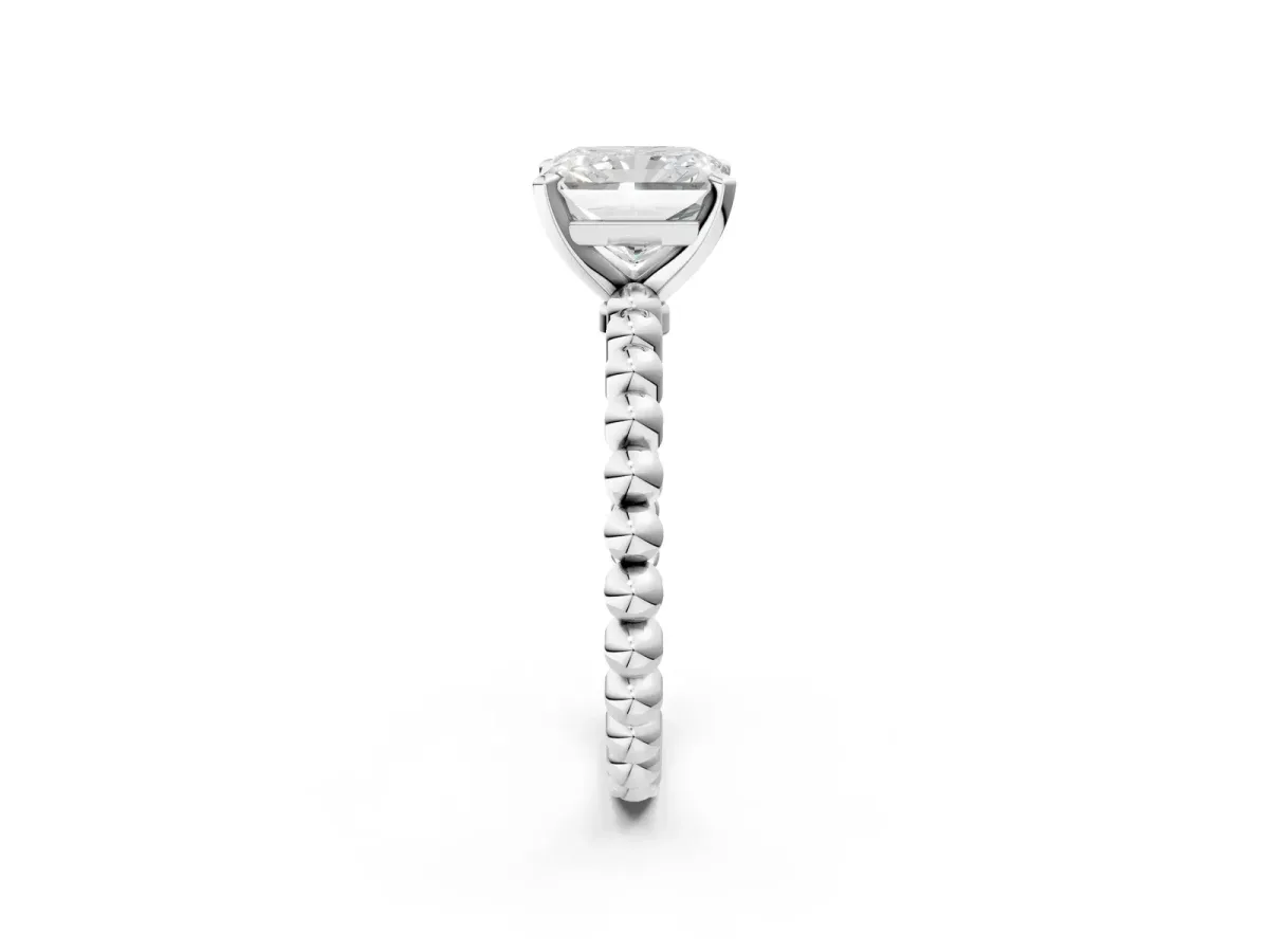Radiant Cut Diamond Solitaire Ring with Beaded Band and Prong Setting Platinum
