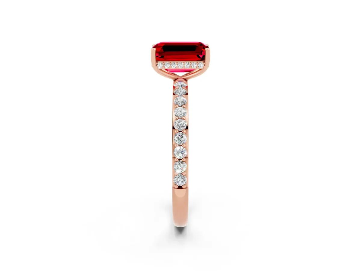 Emerald Cut Ruby Solitaire Ring with Pavé Band and Hidden Halo Rose gold