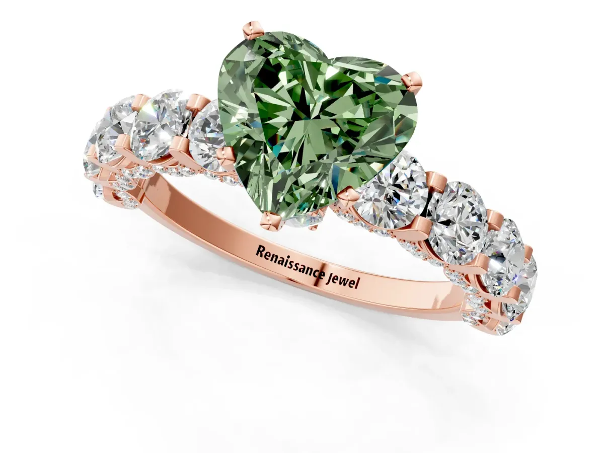 Fancy Green Heart Cut Diamond Side Stone Engagement Ring with Four-Prong Setting Rose gold