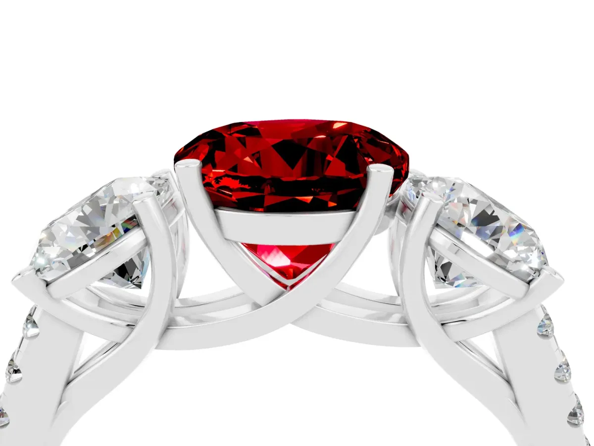 Three-Stone Round Cut Ruby Ring with Round Pavé Band and Prong Setting Silver