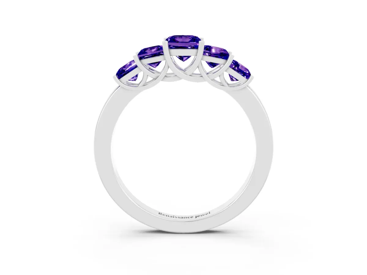 Princess Cut Five-Stone Tanzanite Ring with Classic Prong Setting Platinum