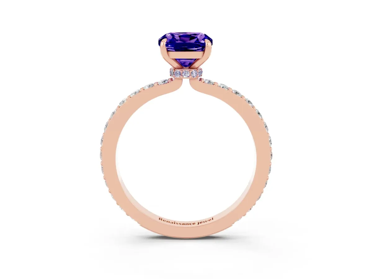 Cushion Cut Tanzanite Solitaire Engagement Ring with Pavé Band and Four-Prong Setting Rose gold