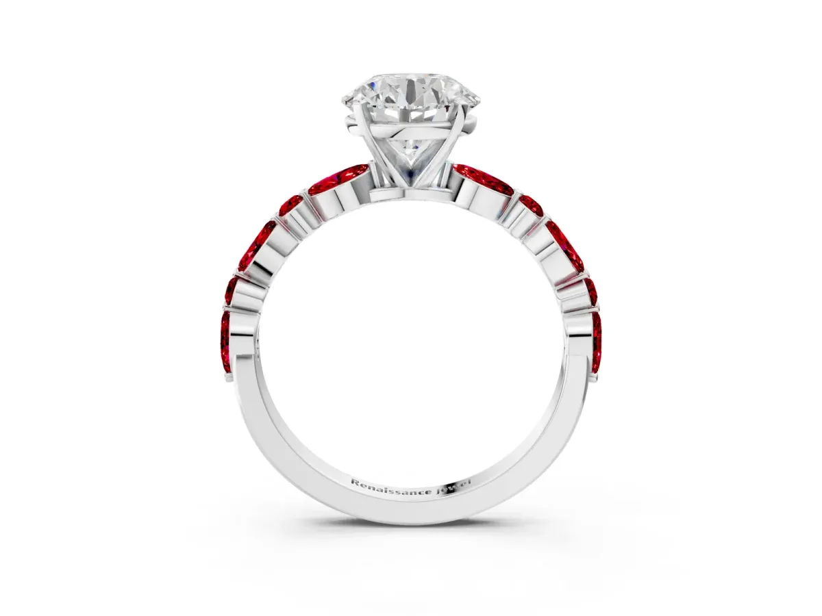 Round Cut Diamond Ring with Marquise and Round Ruby Side Stones and Four-Prong Setting Silver