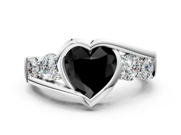 Fancy Black Bezel Set Heart Cut Diamond Bypass Ring with Round Accents Platinum