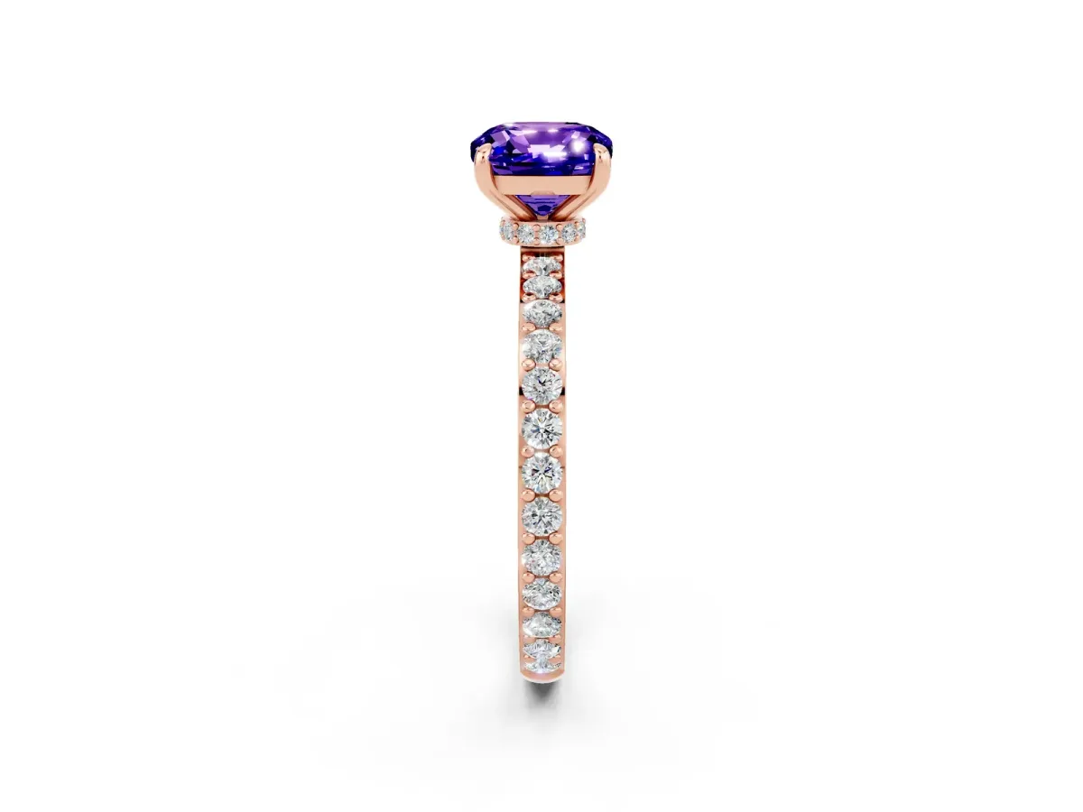 Cushion Cut Tanzanite Solitaire Engagement Ring with Pavé Band and Four-Prong Setting Rose gold