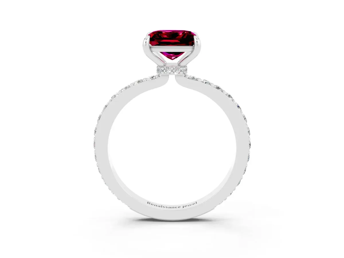 Princess Cut Garnet Solitaire Engagement Ring with Pavé Band and Four-Prong Setting White gold