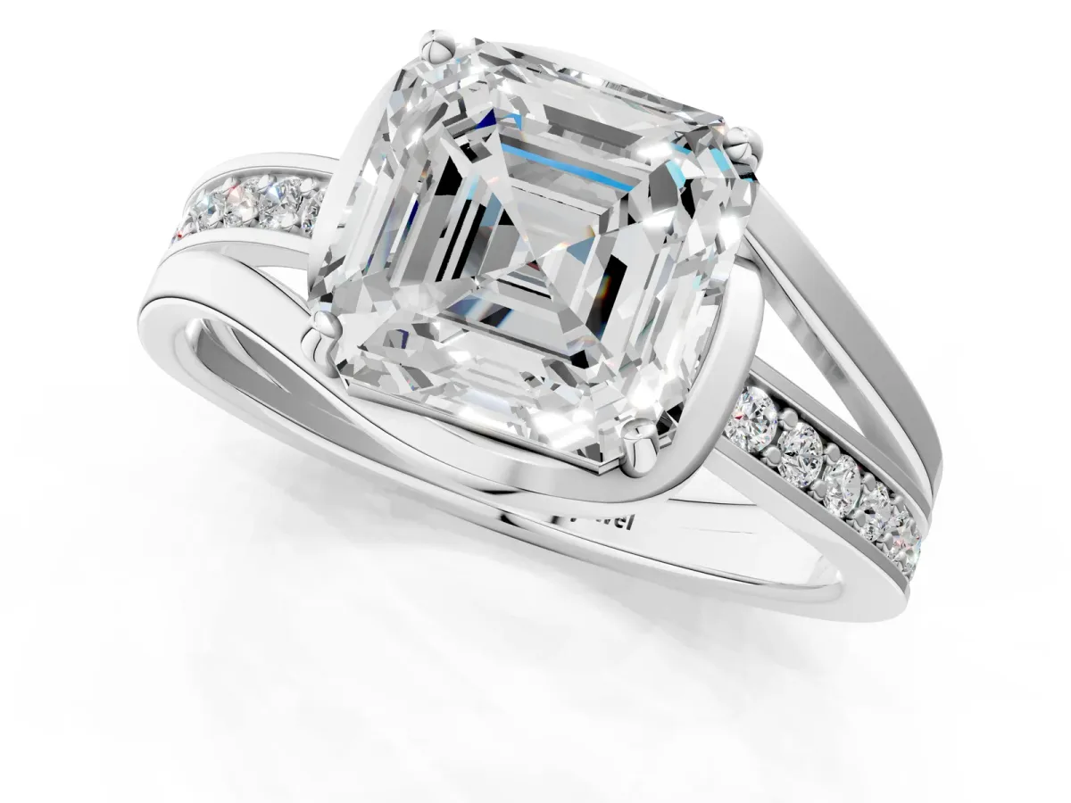 Asscher Cut Diamond Solitaire Ring with Split Shank and Prong Setting Platinum