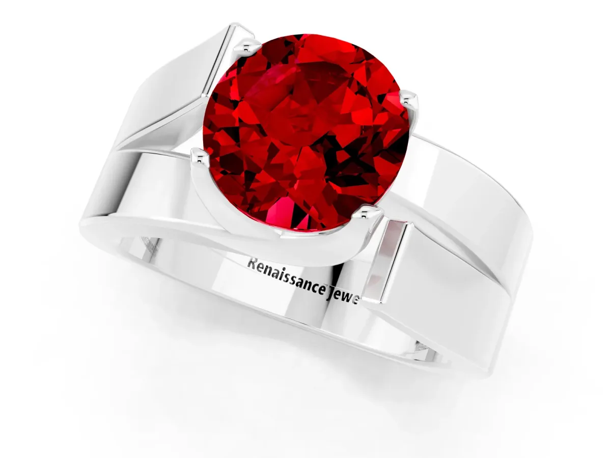 Modern Tension Set Round Cut Ruby Solitaire Wide Band Ring Platinum
