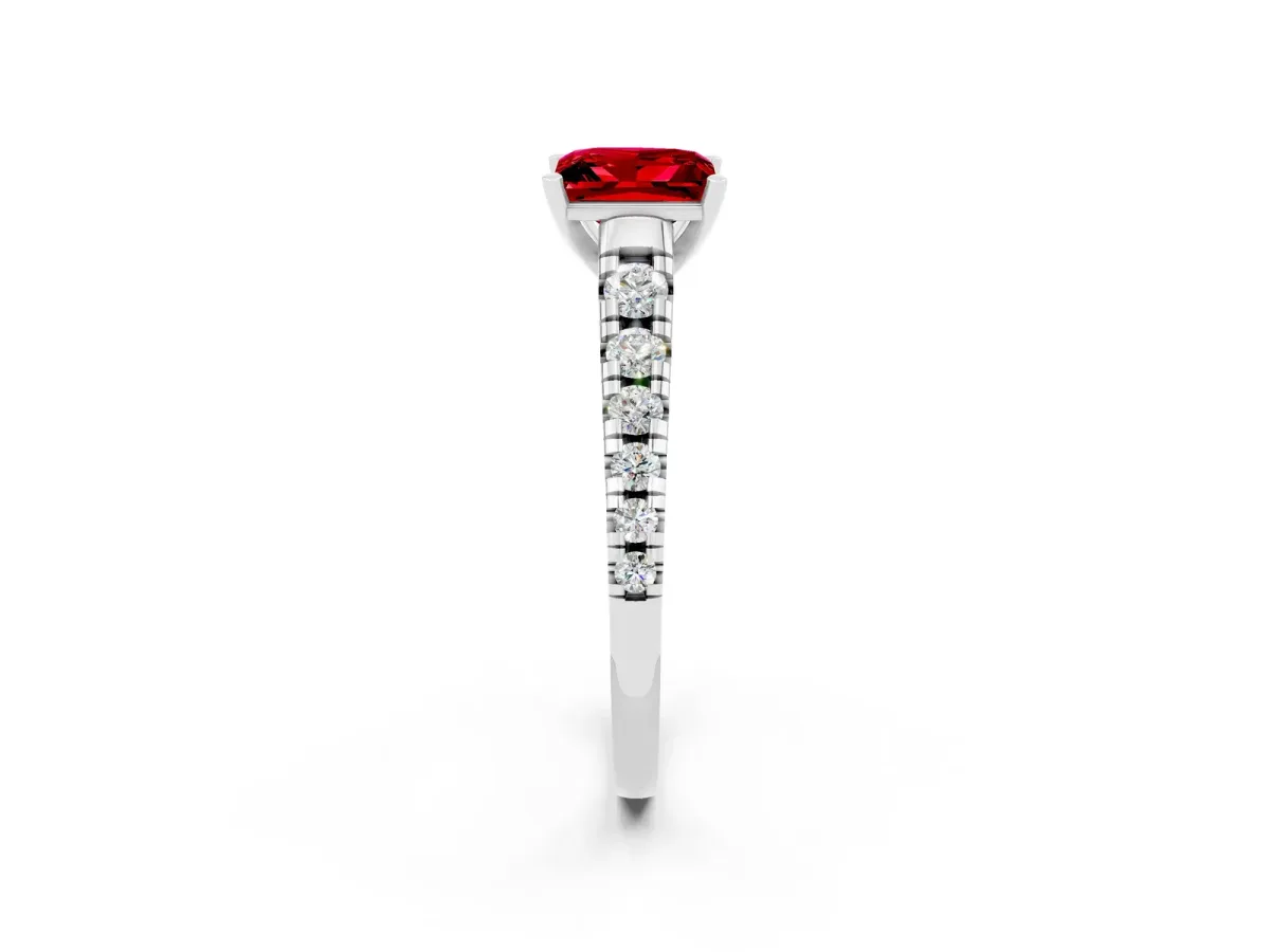 Princess Cut Ruby Cathedral Solitaire Ring with Round Pavé Band White gold
