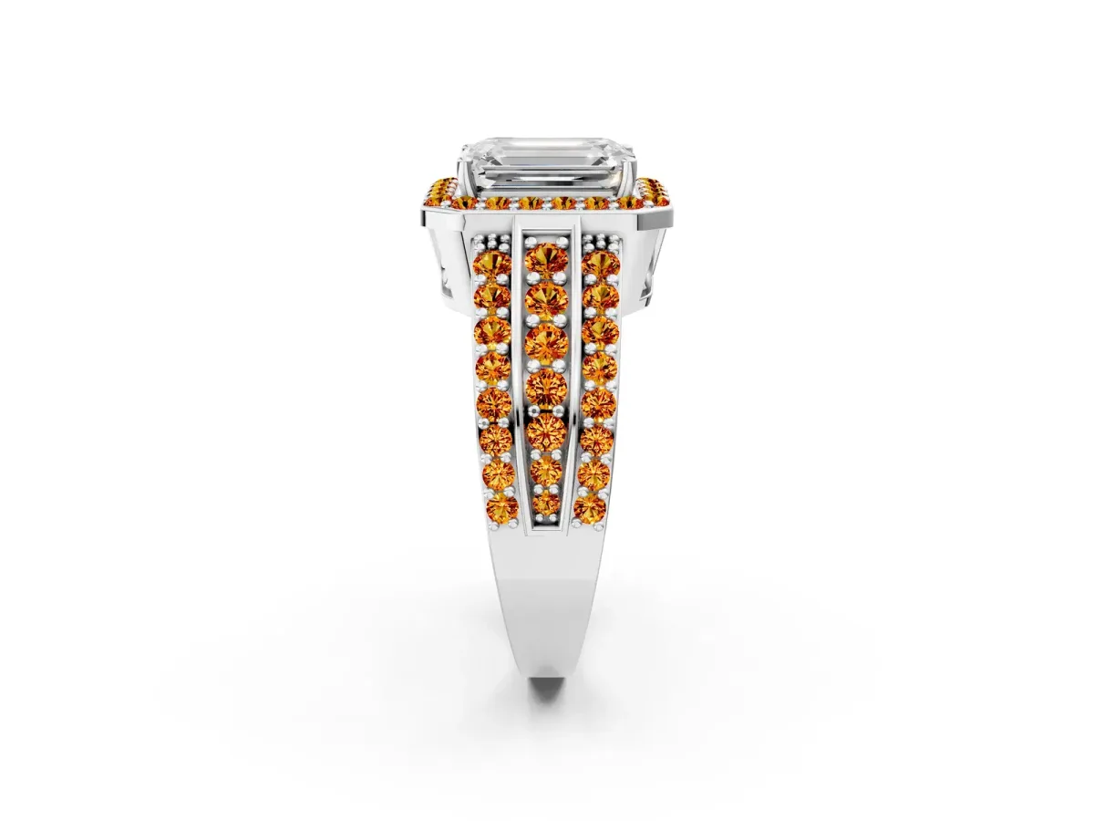 Emerald Cut Halo Diamond Ring with Round Citrine Split Shank and Prong Setting Platinum