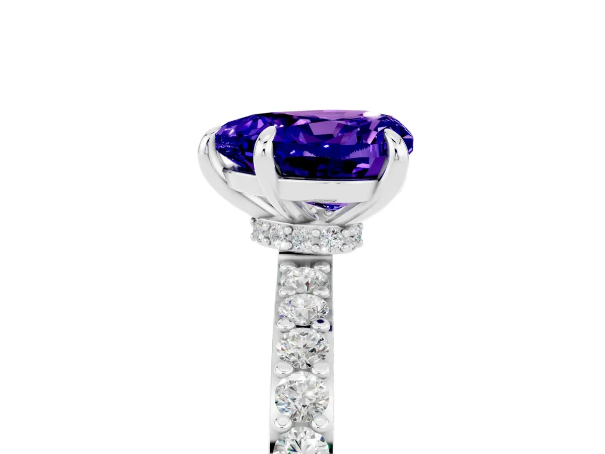 Heart Cut Tanzanite Solitaire Engagement Ring with Pavé Band and Four-Prong Setting Platinum