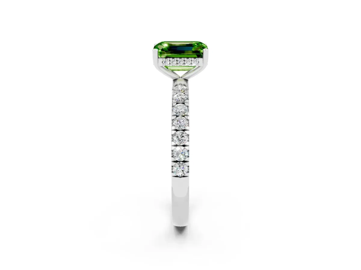 Emerald Cut Peridot Pave Band Solitaire Ring with Round and Prong Setting Silver