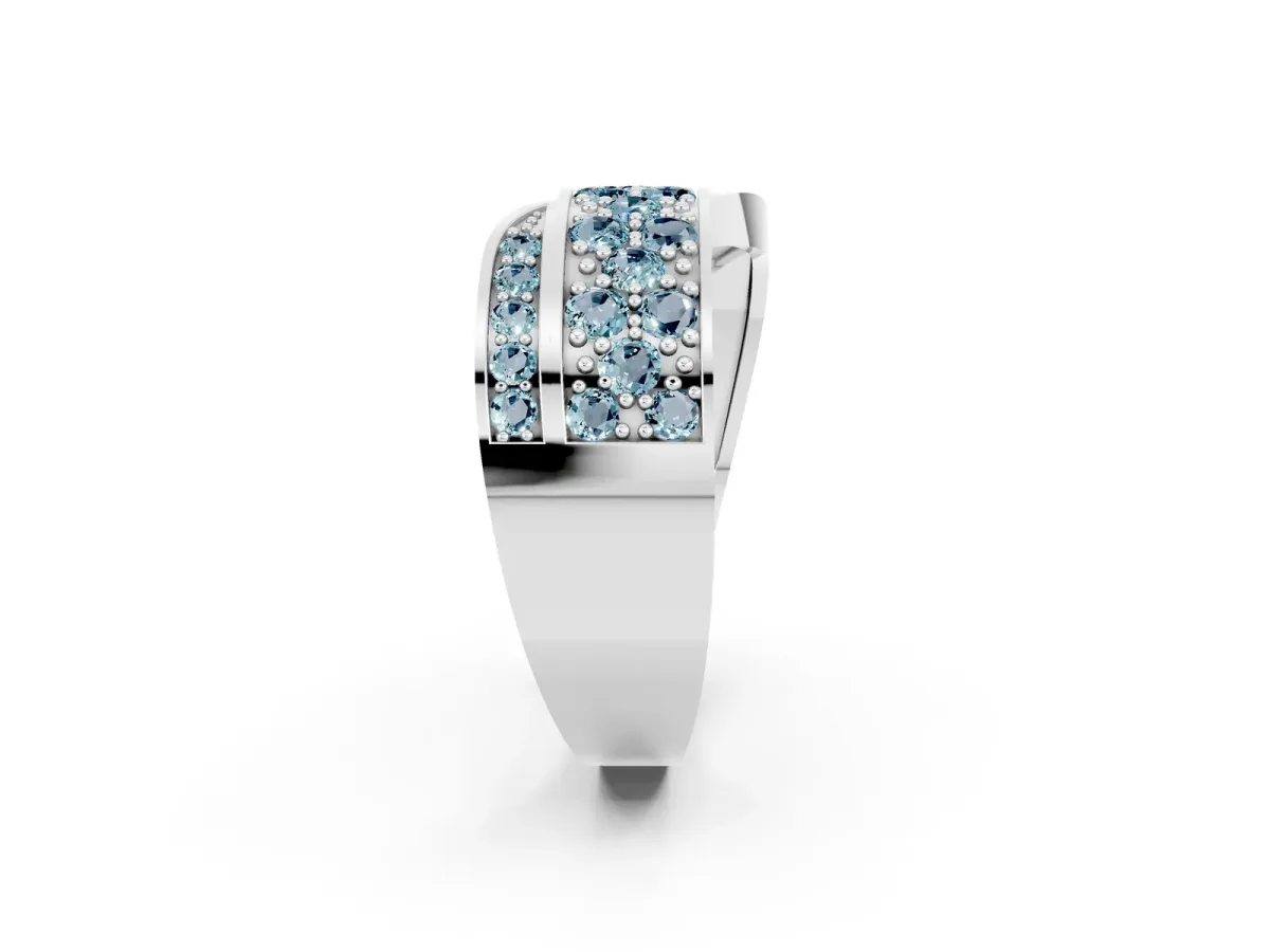 Pavé Round Aquamarine Crossover Band with Bead Prong Setting Silver