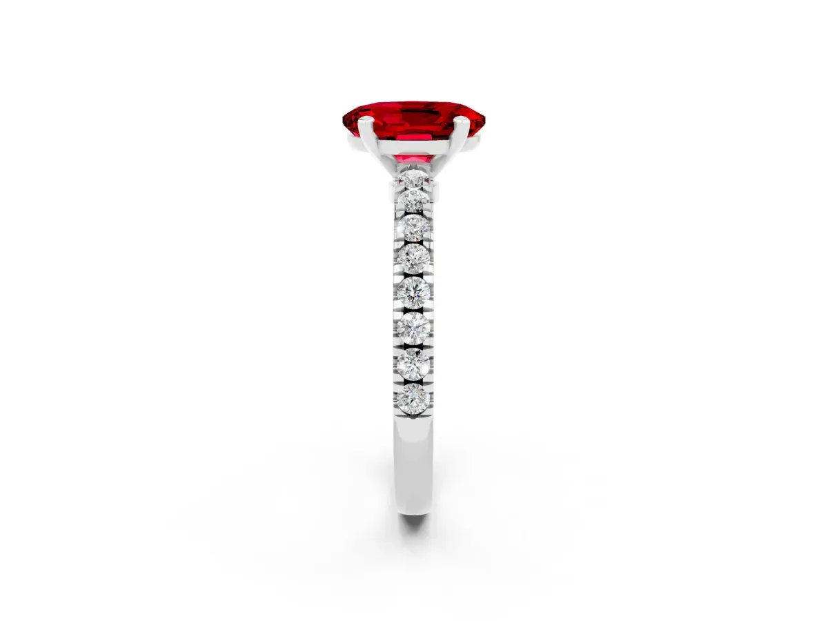 Oval Cut Solitaire Ruby with Pavé Band and Four-Prong Setting White gold