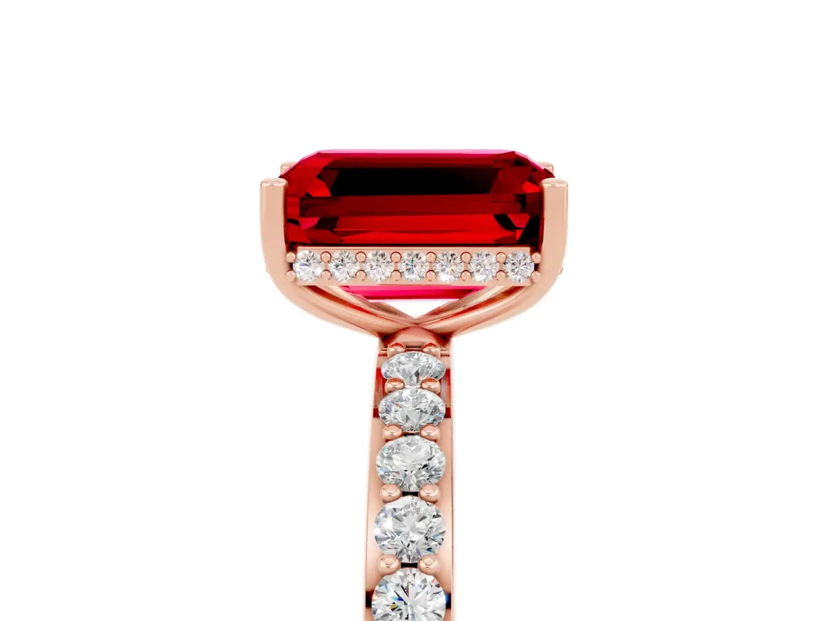 Emerald Cut Ruby Solitaire Ring with Pavé Band and Hidden Halo Rose gold