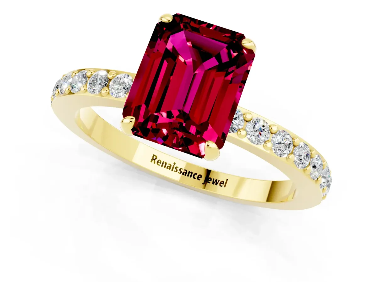 Emerald Cut Garnet Solitaire Engagement Ring with Pavé Band and Four-Prong Setting Yellow gold