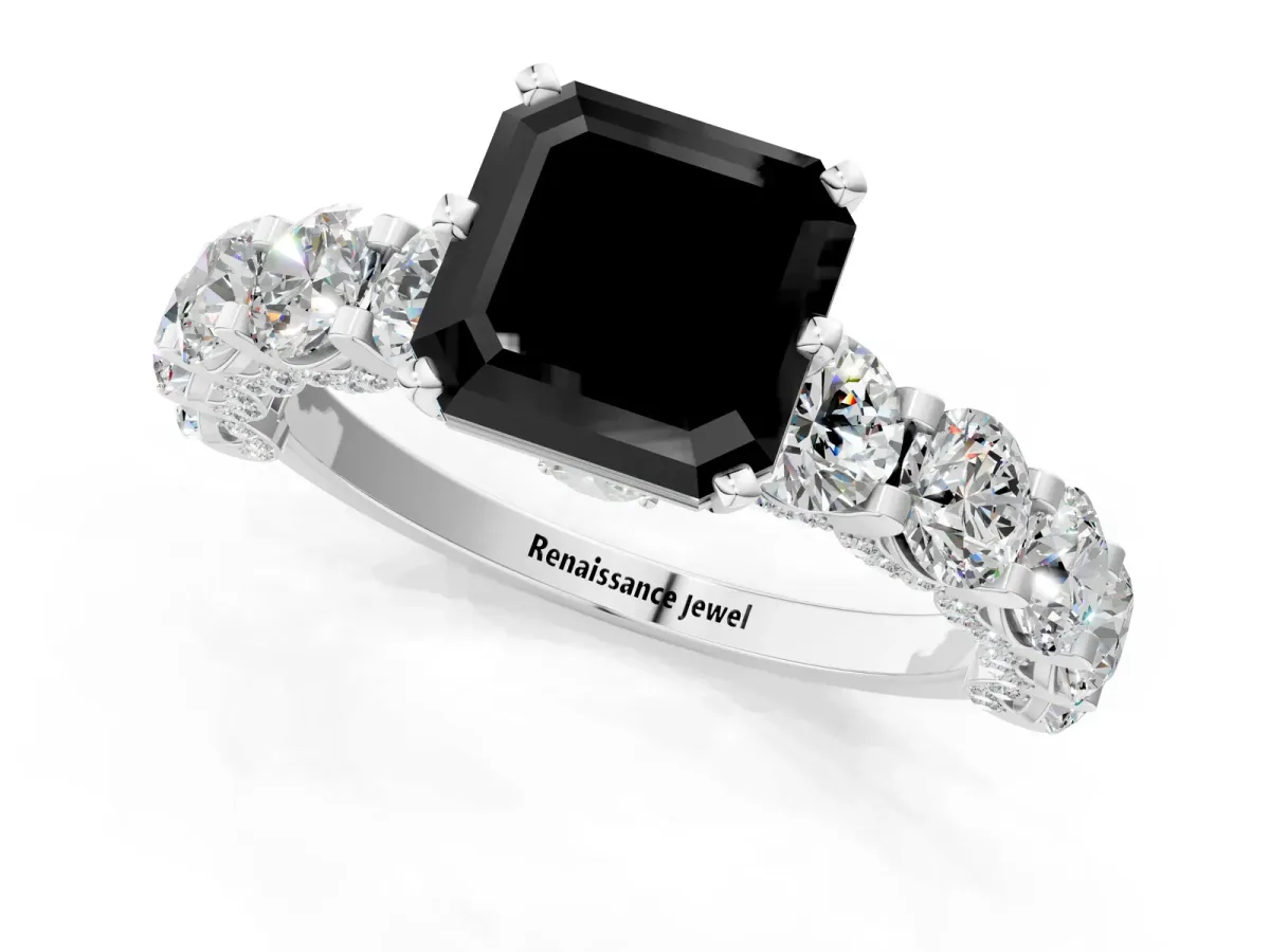 Fancy Black Asscher Cut Diamond Side Stone Engagement Ring with Four-Prong Setting Platinum