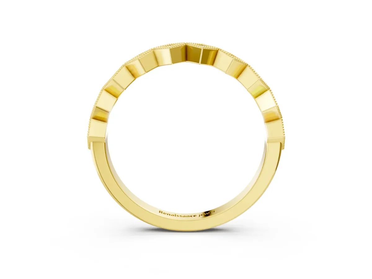 Milgrain Diamond Geometric Stackable Band with Round Cut Stones and Bezel Setting Yellow gold