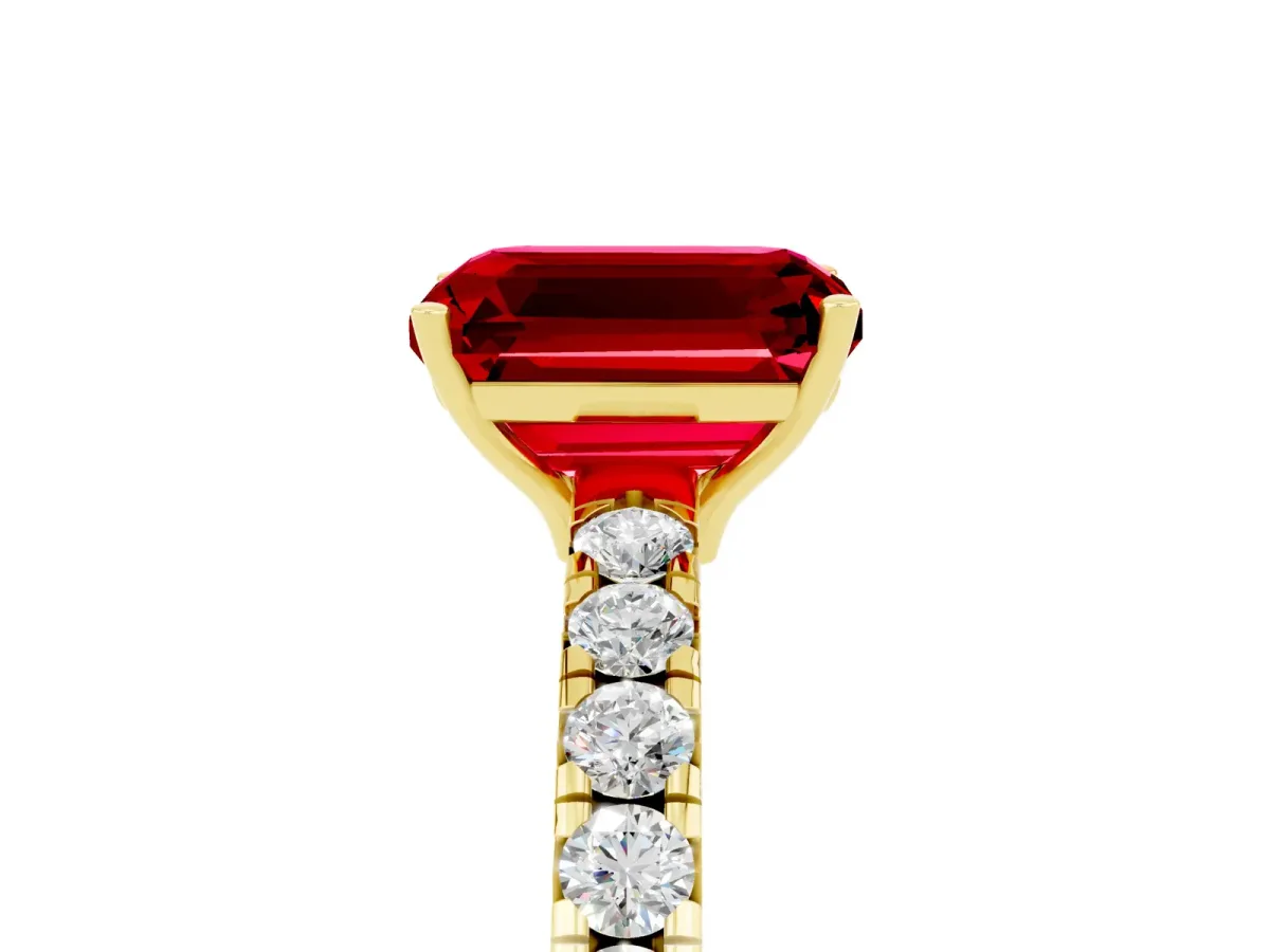 Emerald Cut Ruby Pavé Solitaire Engagement Ring with Four-Prong Setting Yellow gold