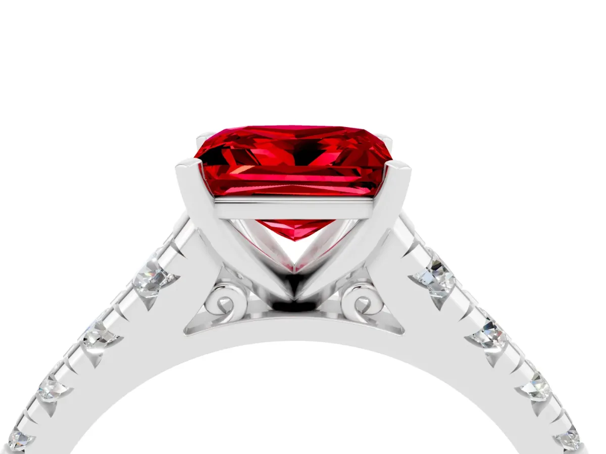 Princess Cut Ruby Cathedral Solitaire Ring with Round Pavé Band White gold