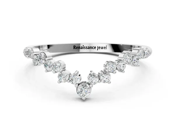 V-Shaped Diamond Cluster Curved Band with Round Brilliant Cut Stones and Prong Setting White gold