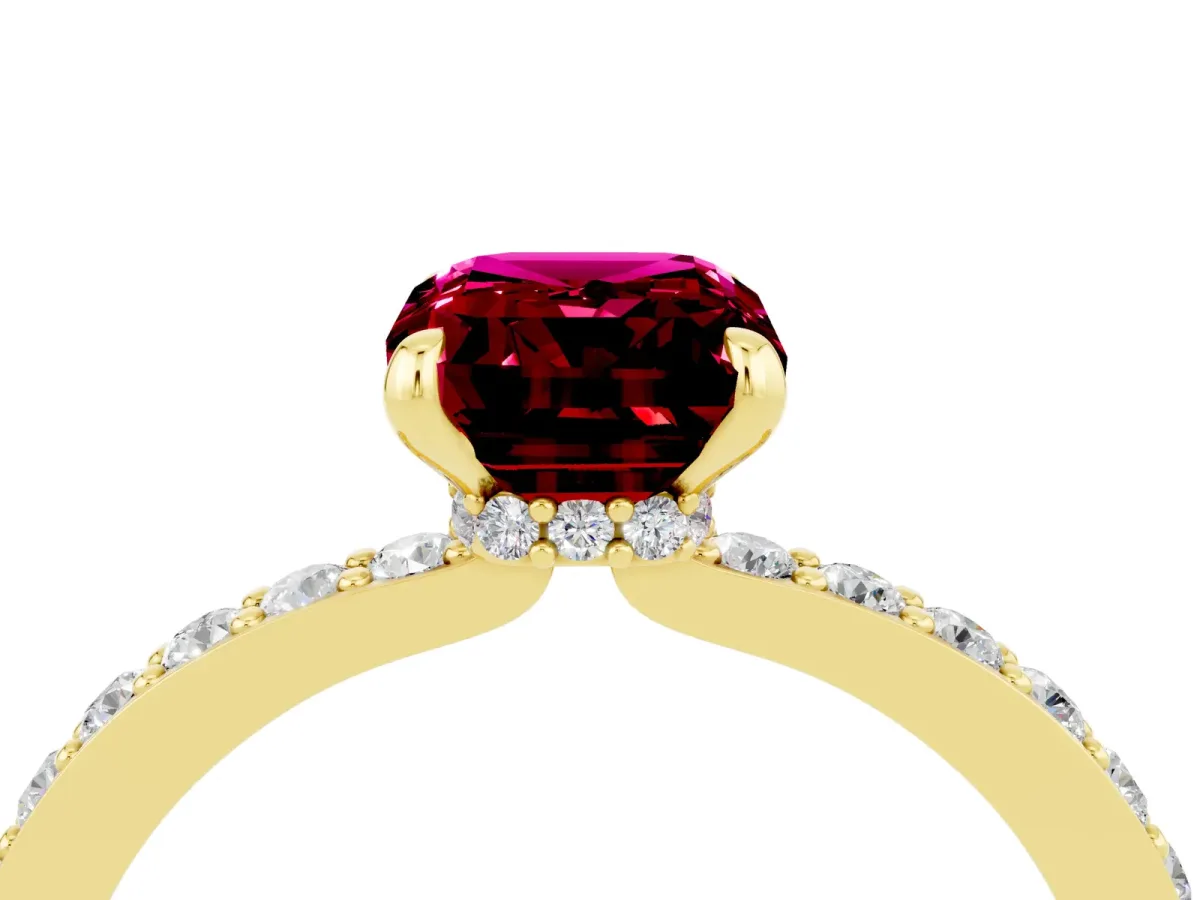 Emerald Cut Garnet Solitaire Engagement Ring with Pavé Band and Four-Prong Setting Yellow gold