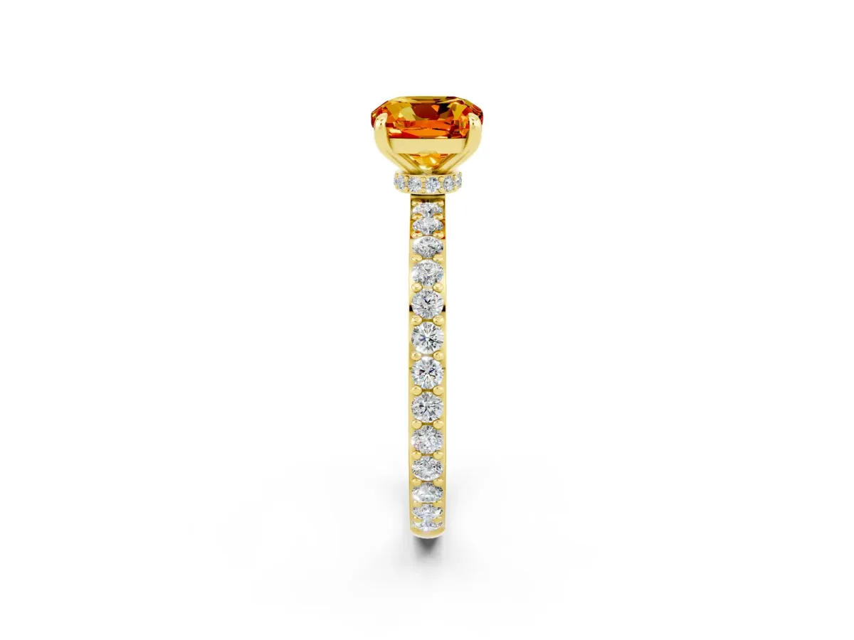 Cushion Cut Citrine Solitaire Engagement Ring with Pavé Band and Four-Prong Setting Yellow gold