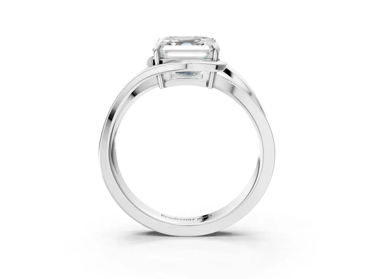 Asscher Cut Diamond Solitaire Ring with Split Shank and Prong Setting Platinum