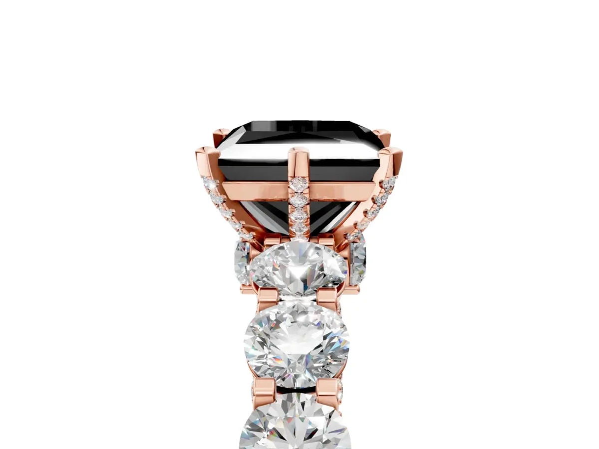 Fancy Black Princess Cut Diamond Side Stone Engagement Ring with Four-Prong Setting Rose gold