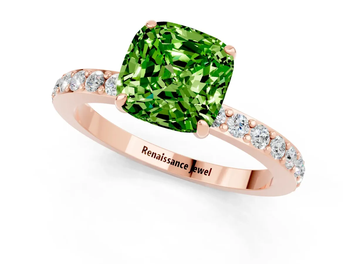 Cushion Cut Peridot Solitaire Engagement Ring with Pavé Band and Four-Prong Setting Rose gold