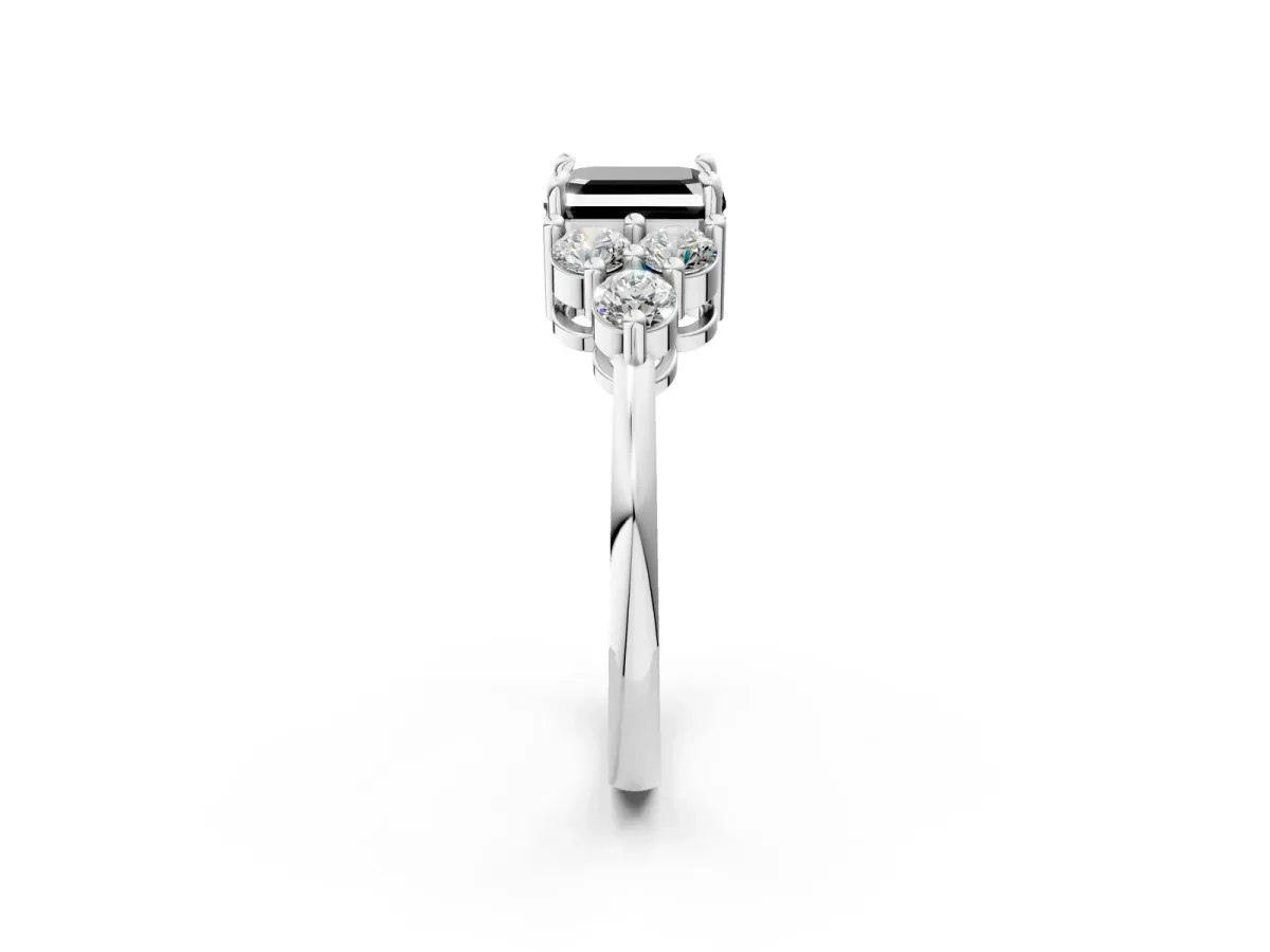 Fancy Black Asscher Cut Brilliant Diamond Cluster Accent Solitaire Ring with Prong Setting Platinum