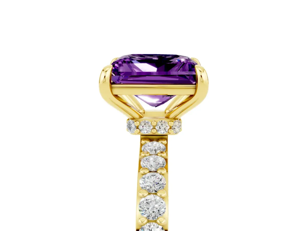 Princess Cut Amethyst Solitaire Engagement Ring with Pavé Band and Four-Prong Setting Yellow gold