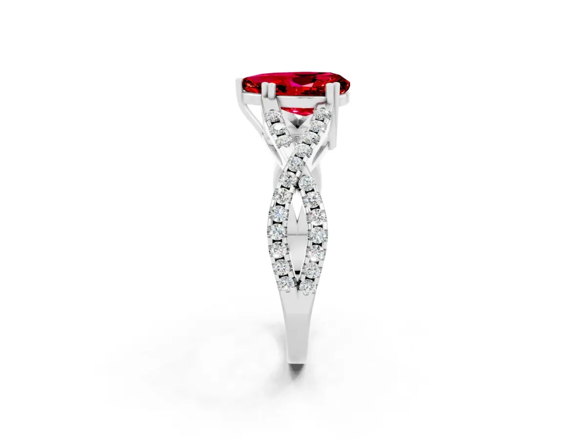 Pear Cut Ruby Solitaire Ring with Four-Prong Setting and Twisted Pavé Band Platinum